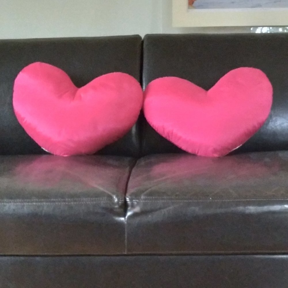 Pair of Lg Fuchsia Hot Pink Satin Heart Pillows 17" W x 12" L x 6"